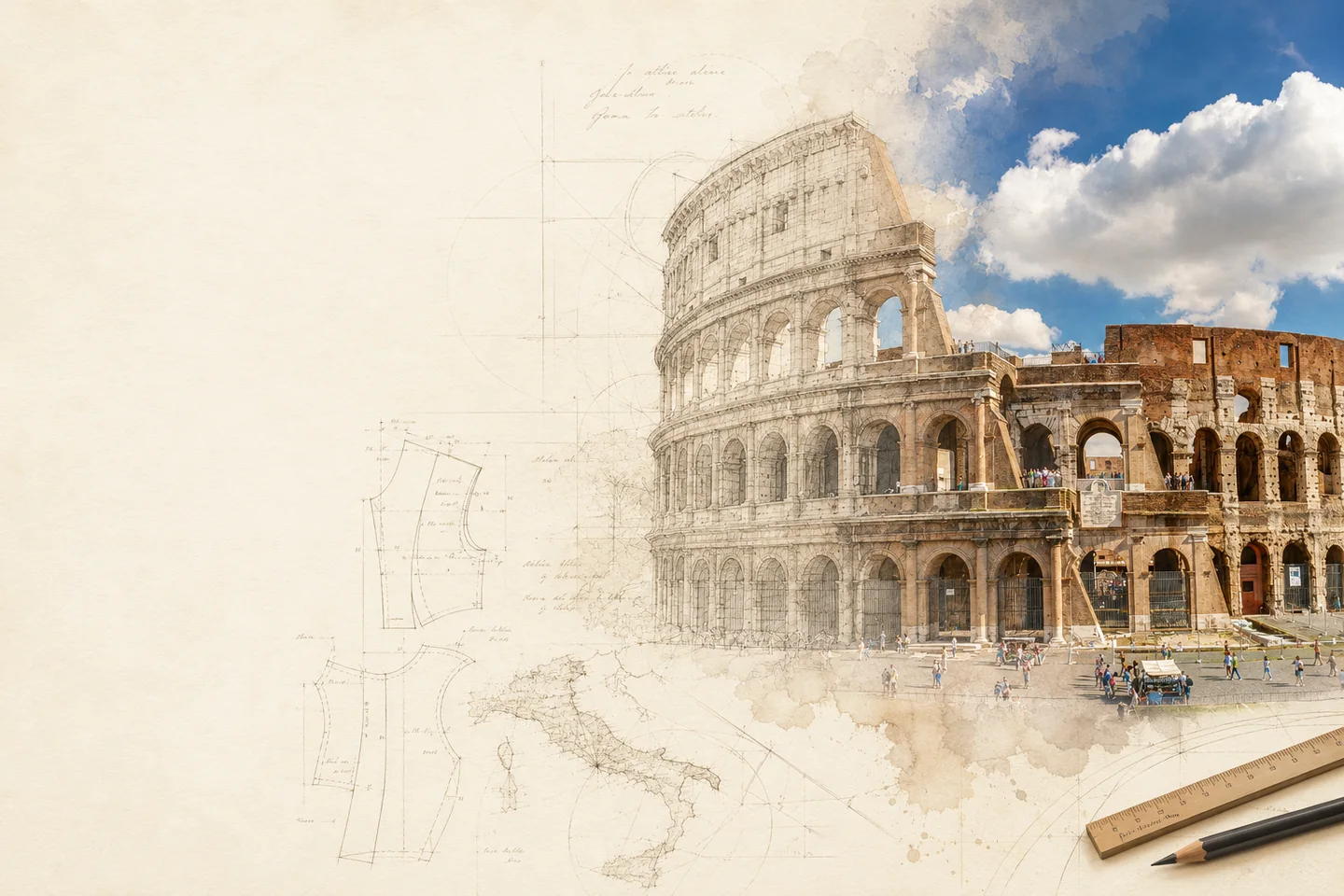 El Coliseo de Roma entre bocetos y papel de atelier
