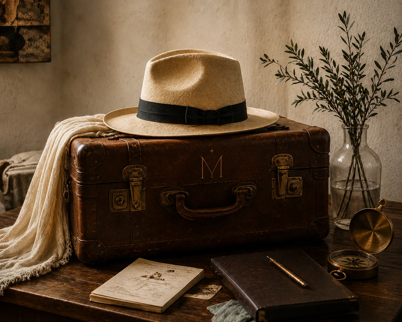 Maleta de piel, sombrero y brújula en un atelier de viaje