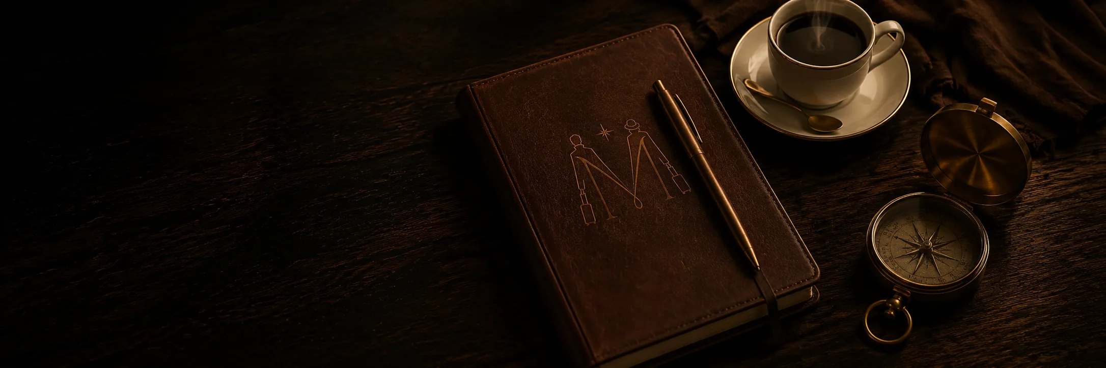 Cuaderno de piel, pluma, café y brújula sobre una mesa oscura